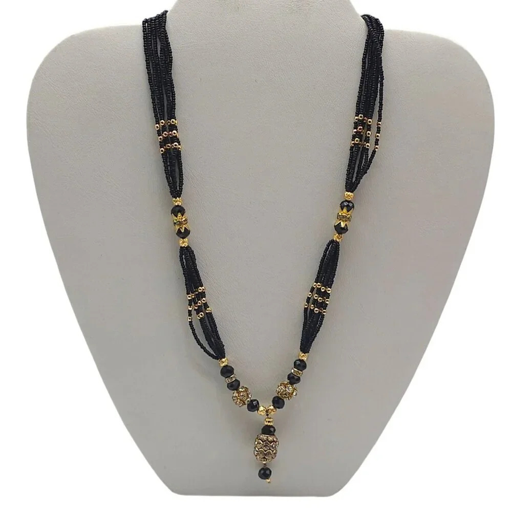 Clear Rhinestone Black Seed Beaded Pendant Necklace Gold Tone Vintage